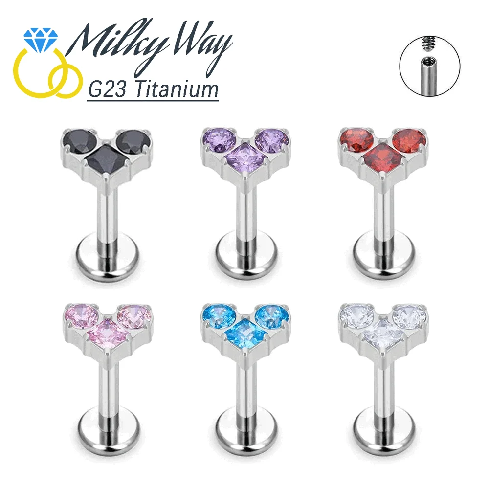 ASTM F136 Titanium Jewelry Heart Shaped Zircon Stone Ear Stud Labret Nail Nose Rings Cartialge Tragus Body Piercing Accessory