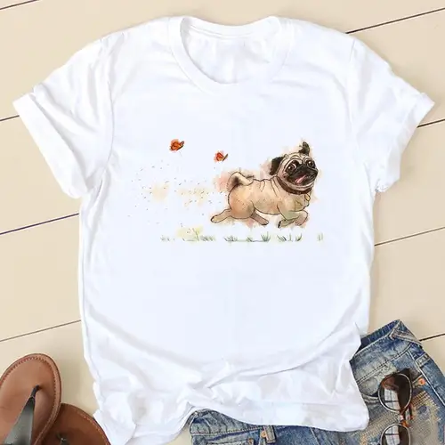 Imagen 2 del producto Camisetas de Pug de amor dulce para mujer, ropa de moda para mujer, ropa de dibujos animados de manga corta, camiseta estampada para mujer