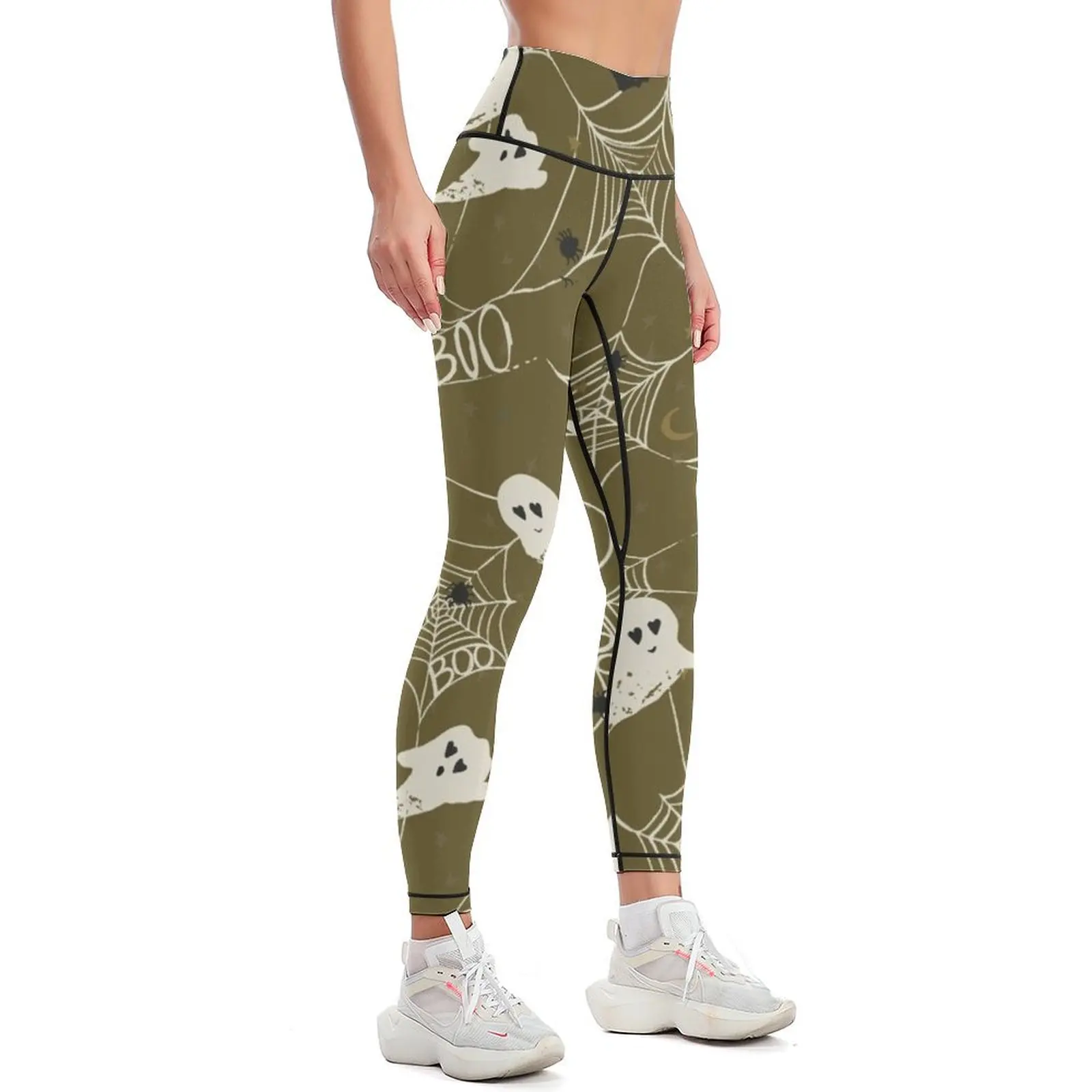 Halloween Spooky Cute Ghosts and Bats in Khaki Olive Green Leggings Women's tights Sports female Womens Leggings