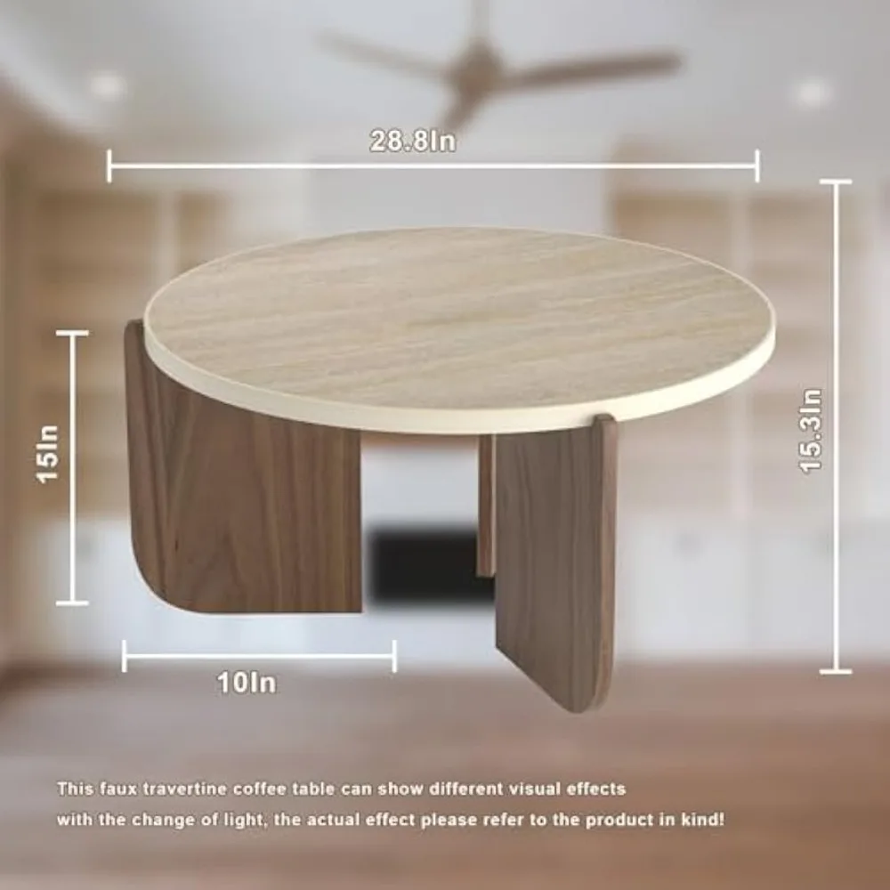 Round Travertine Texture Coffee Table, 30 Inch Stone Coffee Table, Modern Design, Durable, Minimalist