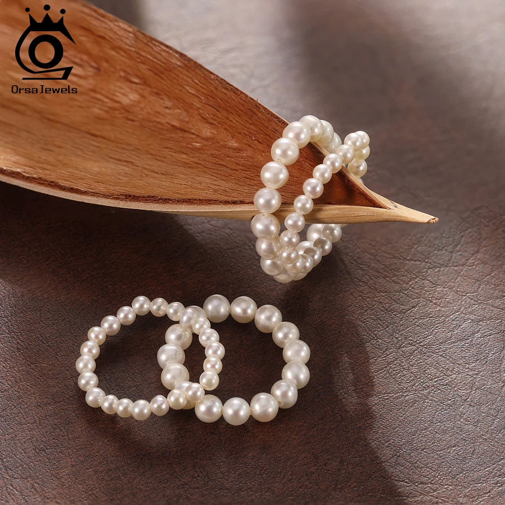ORSA JEWELS S925 Sterling Silver Natural Pearl Ring White Round Pearl Finger Rings Fashion Adjustable Elastic Ring Jewelry GPR26