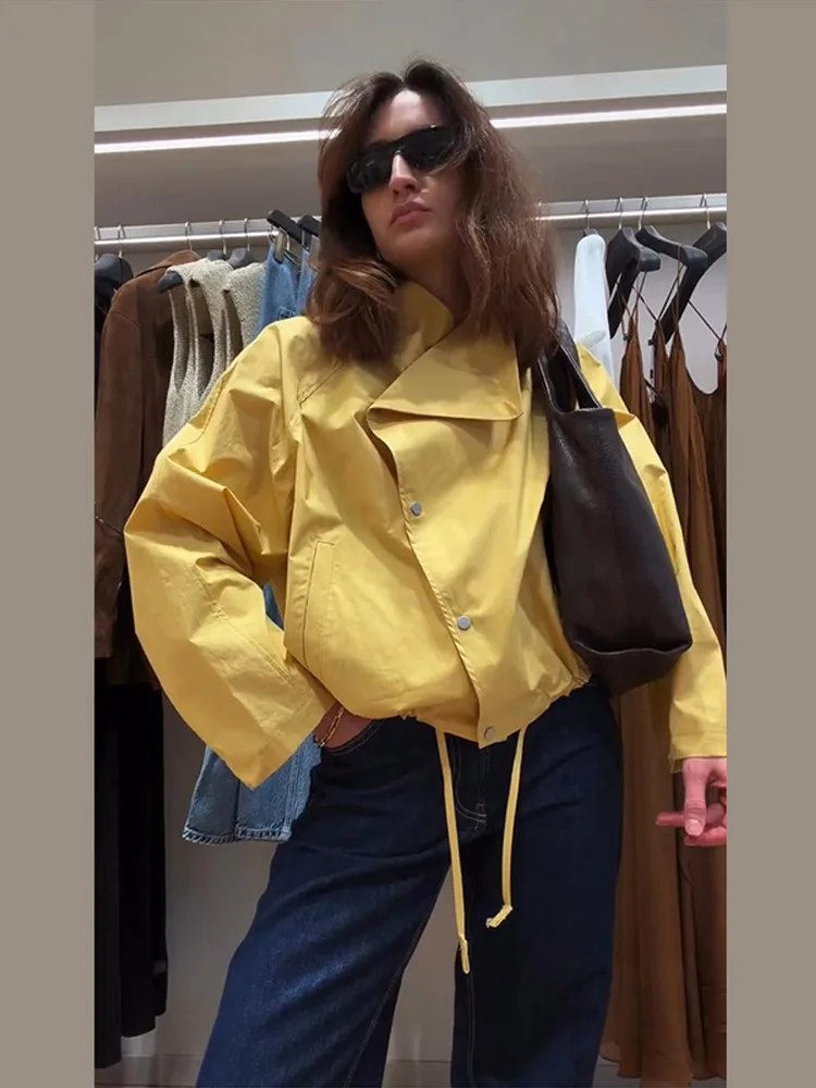 Stehkragen-Jacke mit Seitenverschluss und Kordelzug am Saum, Oversize-Jacke für Damen, Streetwear, Langarm, Einreihig, Lockerer Mantel, Neue Damen-Oberbekleidung – Detail 16