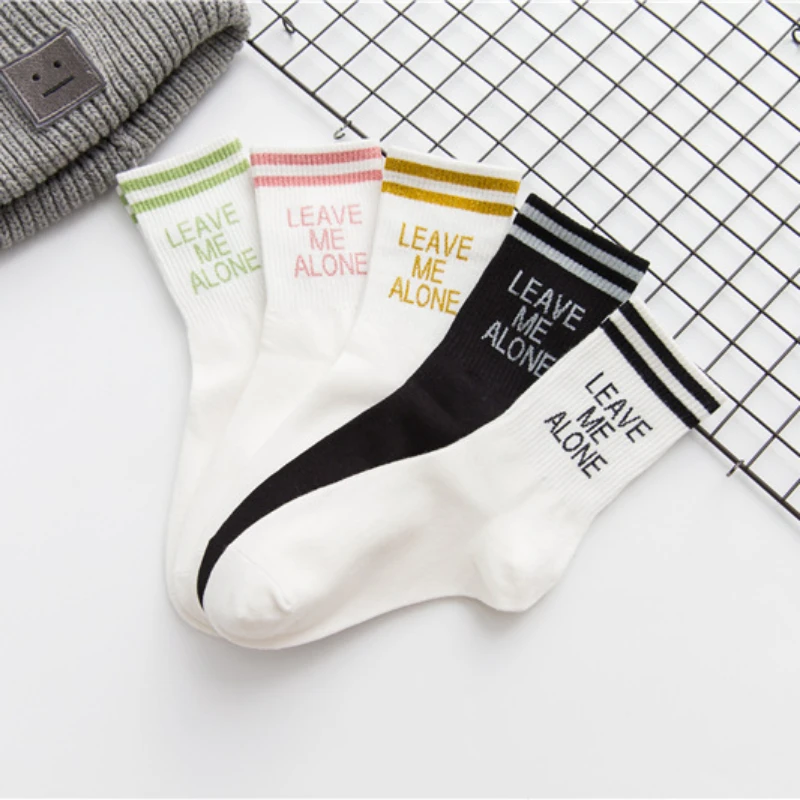 Women Mid Length Socks Written LEAVE ME ALONE with Two Stripes on The Collar and Letters on The Planet Women Sports Cotton Socks