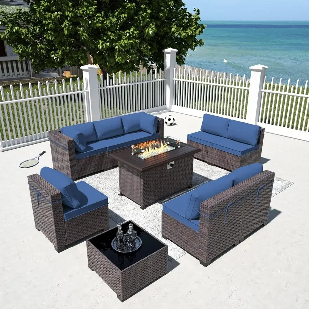 

10-Piece Outdoor Patio Furniture Set with 43 Gas Propane Fire Pit Table, All-Weather Navy Blue Wicker SectionalTime-limited