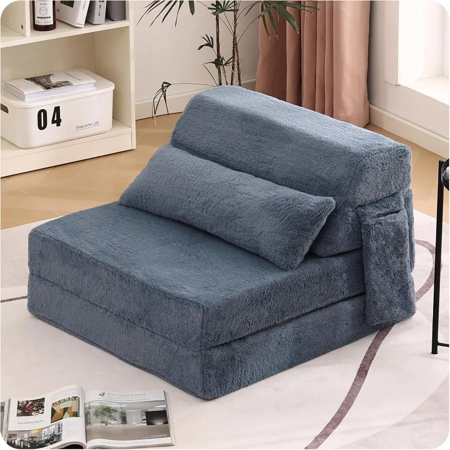 Folding Sofa Bed with Pillow Single Size Mattress and Plush Fabric Featuring Portable Storage Bag for Easy Setup and SpaceSavin