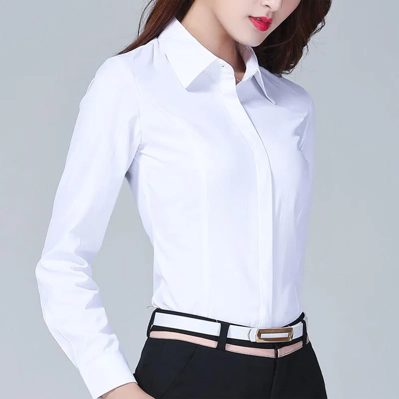 Autumn New White All-match Shirt Tops Long Sleeve Slim Polo Neck Solid Color Office Blouse Fashion Elegant Women Clothing