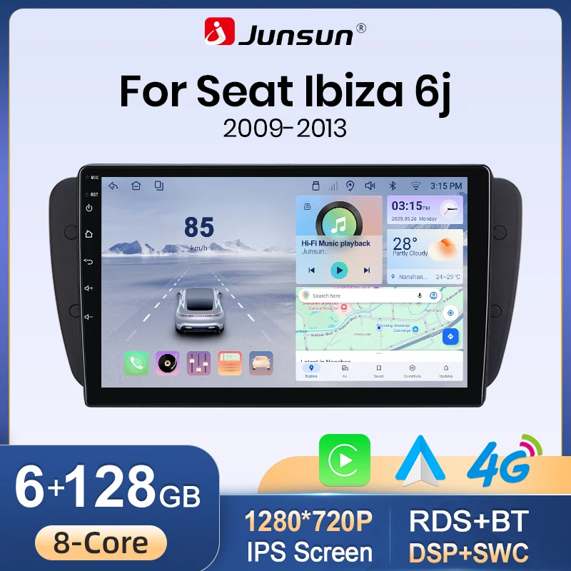 Junsun Android 15 Autoradio für SEAT Ibiza 6J 2009-2013 Kabelloses CarPlay Android Auto GPS 4G WiFi DSP FM Multimedia-Player Navigationssystem