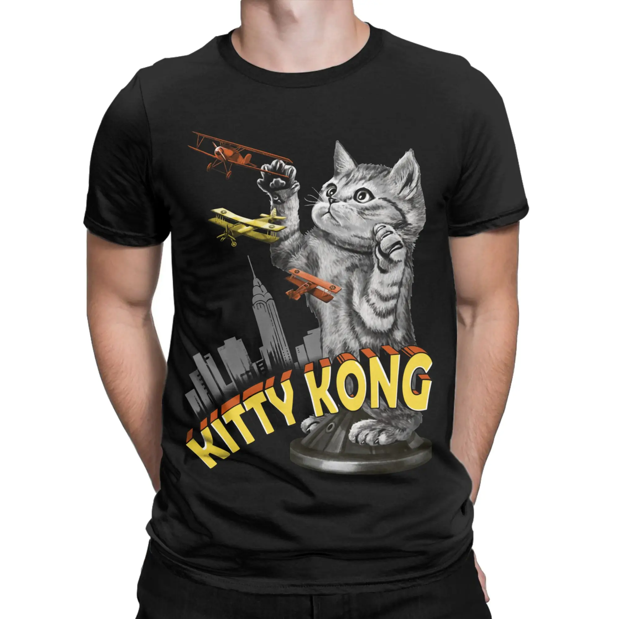 Ullzang Kitty T-Shirt Men Round Neck Short Sleeve Clothes Japan Monster Kaiju Parody Cat Catzilla Cotton Summer Tops