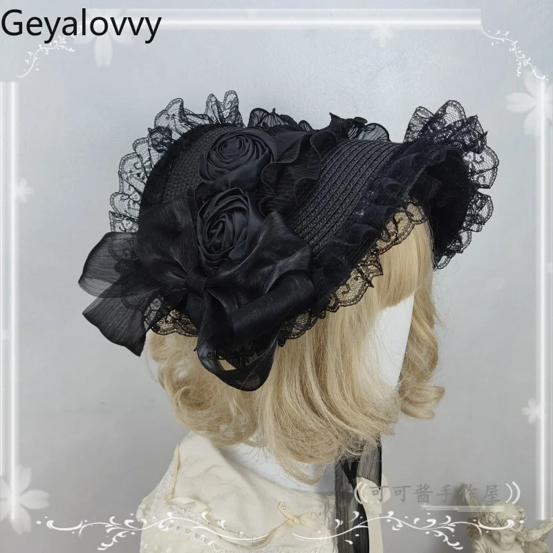 일본 오리지널 수제 다크 로리타 밀짚 모자 스위트 걸스 코스프레 블랙 그레이 레이스 캡 고딕 레이스 업 태양 모자