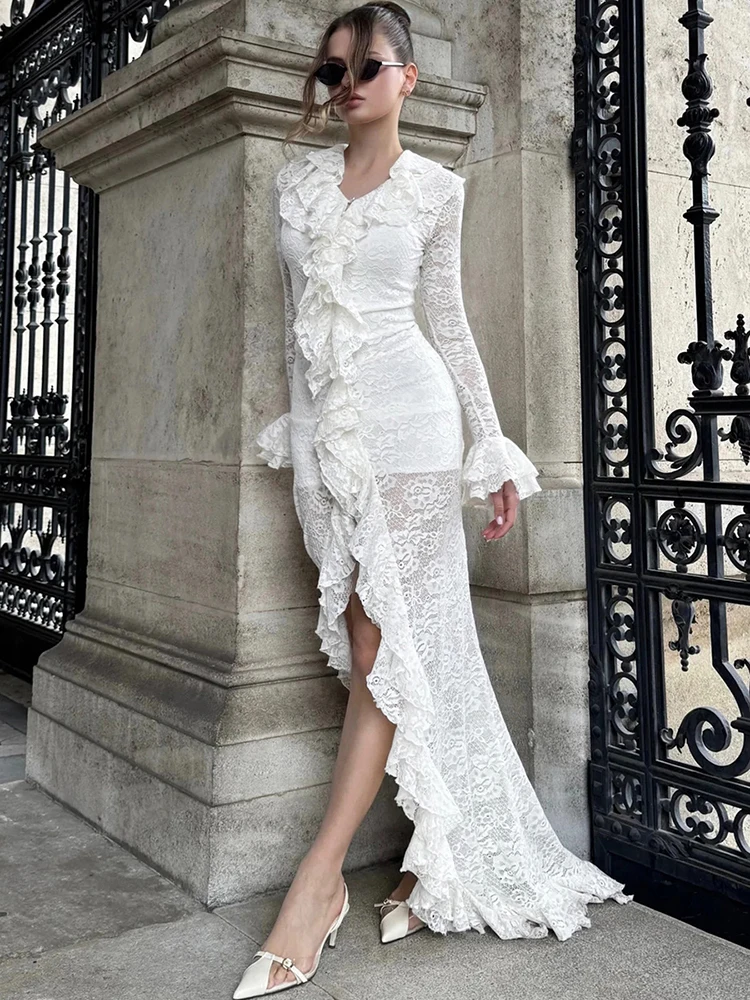 Cutenew Lace Stacked Women Maxi Dresses Romantic French Full Sleeve Ruffle Neck Split Bodycon Female Sexy Sheer Trend Vestidos