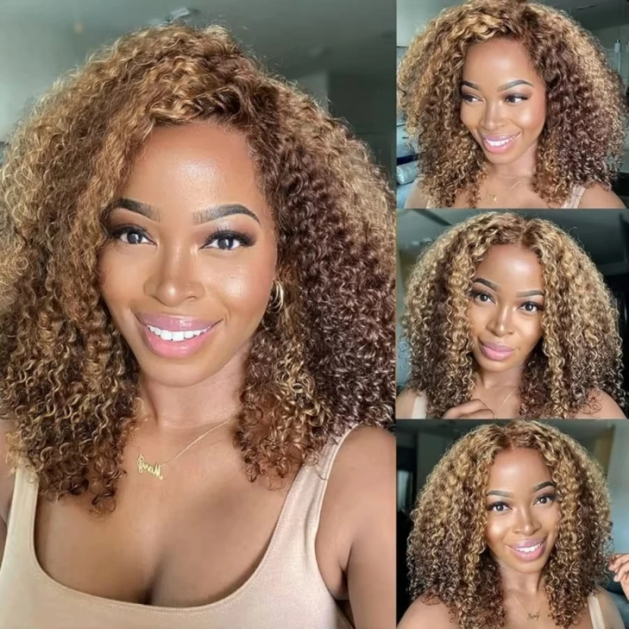 4/27 Color 200% Density Deep Culry Highlight 100% Human Hair 16Inch Bob Wigs 13x4 HD Lace Frontal Bob Human Hair Wig Remy Bob Wig For Women