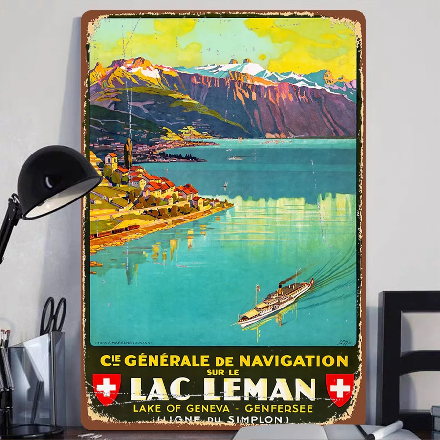 Vintage Lake Geneva Landscape Metal Wall Art Swiss Travel Decor Nostalgic Cruise Mountain Poster Home Decoration