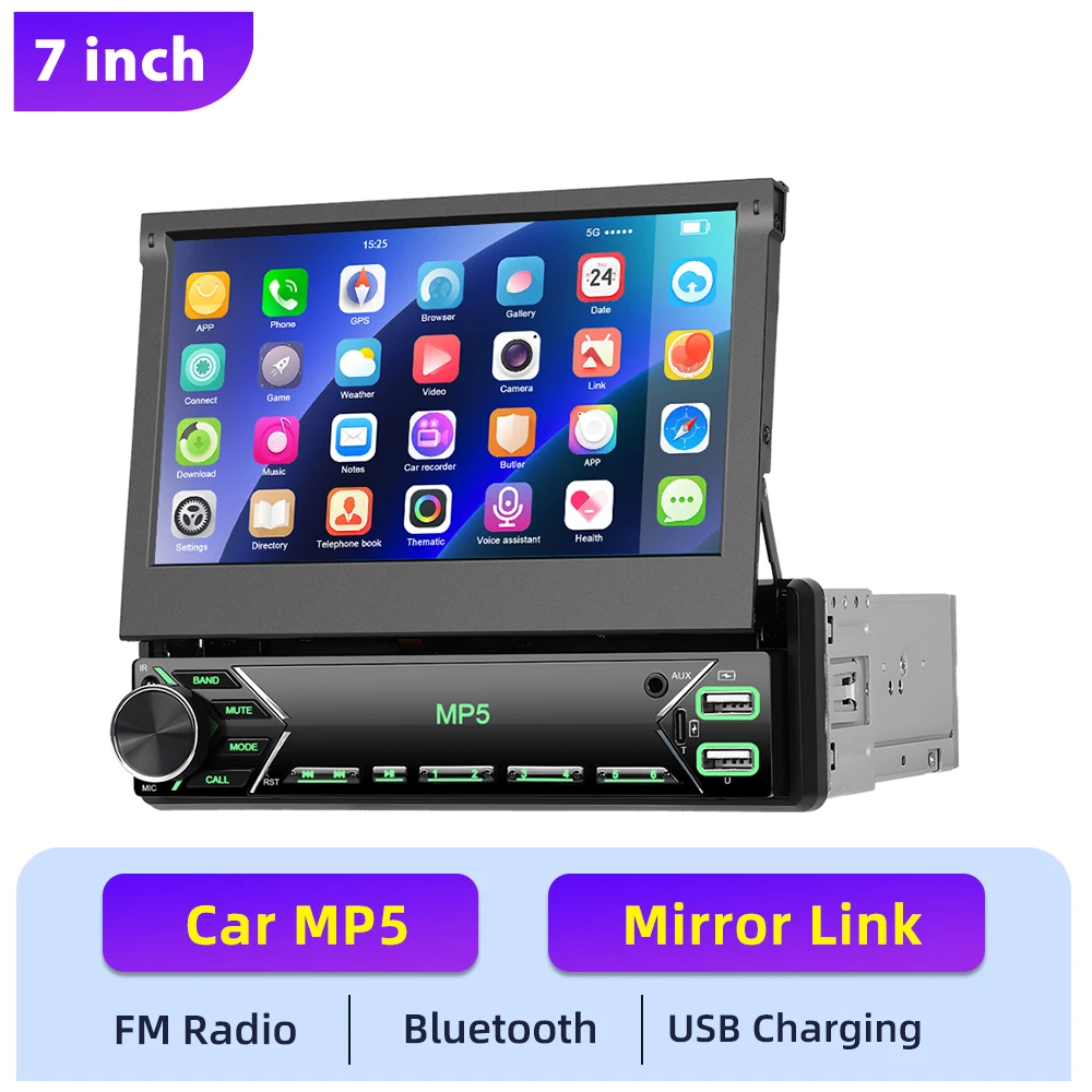 Podofo 7 inch intrekbaar scherm autoradio met ondersteuning voor achteruitrijcamera, 1 DIN autoradiospeler, TF-kaart/U-disk, autoradio stereo, BT