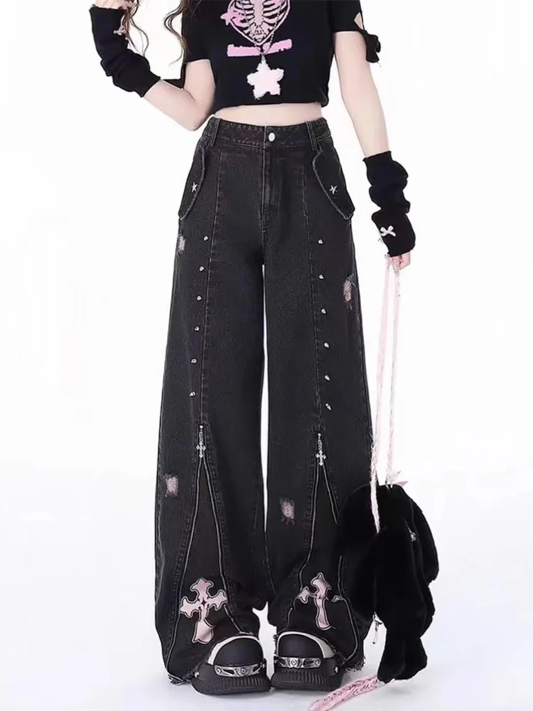 

Y2K Sweet Spicy Straight Leg Jeans Women's Summer Thin High Waist Floor-Length Wide Leg Pants Asymmetrical Design