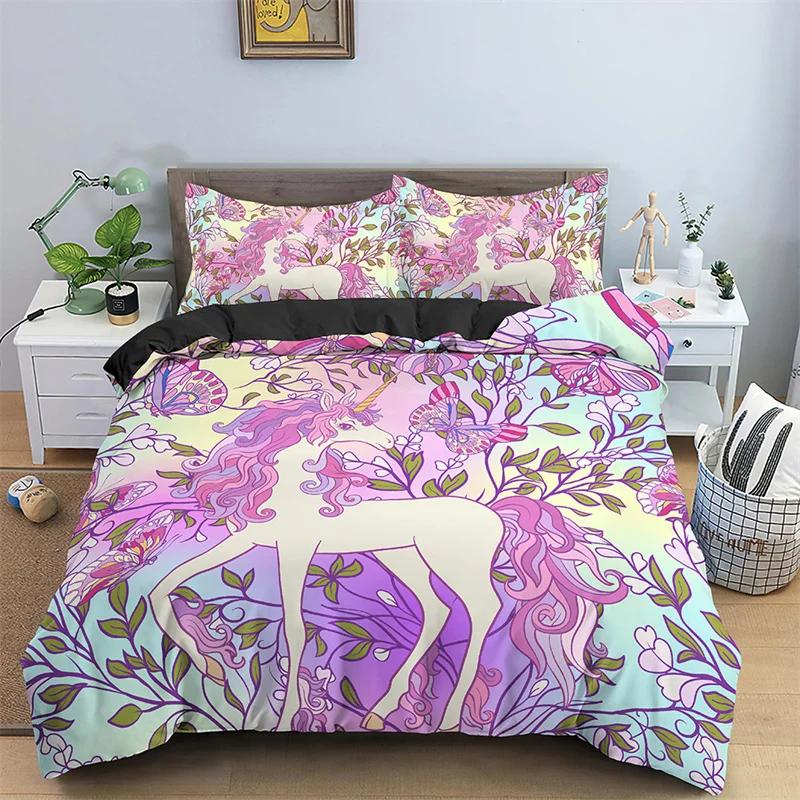 

Girls Unicorn Flower Duvet Cover Cartoon Bedding Set Microfiber 3D Print Comforter Cover King Full For Kids Teen Bedroom Decor