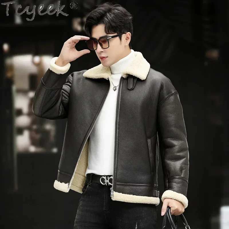 Tcyeek Winter Natural Sheepskin Fur Coat Men's Genuine Leather Jackets Short B3 Motocyle Jacket Thickened Warm Real Fur Coats