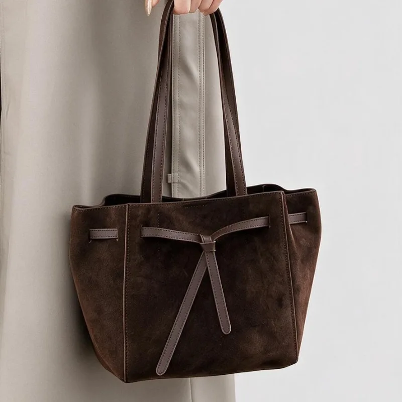 Vintage Work Shoulder Bag for Women Soft Suede Drawstring Closure Winged Large Capacity Luxury Handbag Fashion Trend