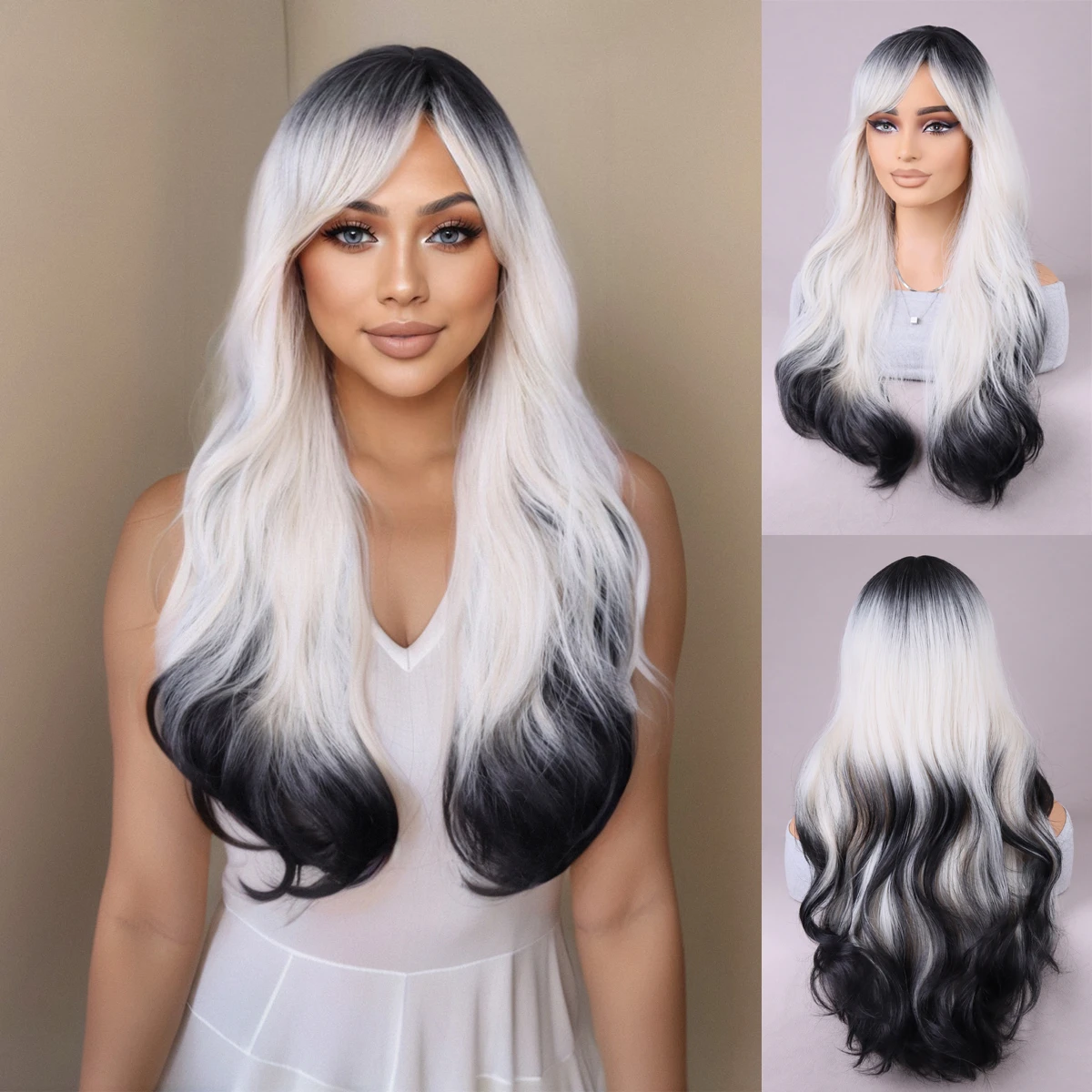 Black white prominent bangs long wave Women curl Wave synthetic heat-resistant fiber  everyday party Wigs