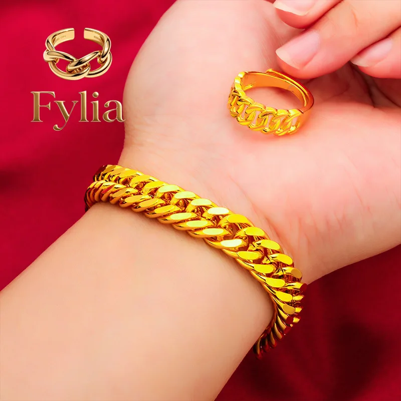 

Fylia Jewelry 10MM Men's Bracelet, 24K Gold, AU999 | Antique coin engravings with distressed finish, vintage oriental charm.
