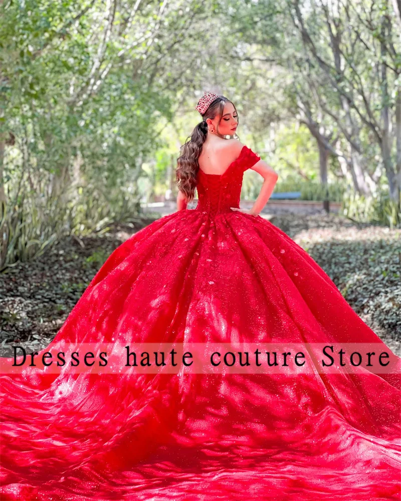 Vestido de baile rojo para quinceañera, traje de encaje con cuentas, hombros descubiertos, princesa Gril Sweet 15 16, fiesta de cumpleaños, novedad de 2024