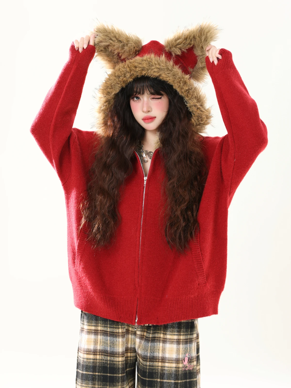 

Женский вязаный кардиган ENJOG American Style с капюшоном, красный, свободный, в стиле оверсайз, на зиму, весну и осень