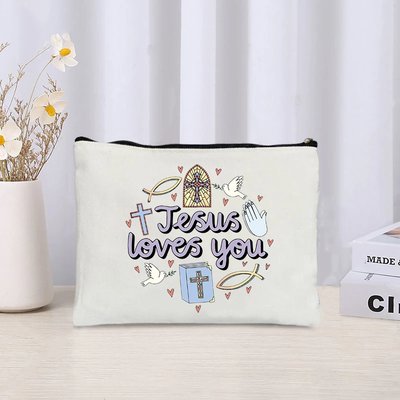 Easter Makeup Pouch Commemorating Jesus Cosmetic Bags Bible Faith Christianity Pencil Box Travel Toilet Mirror Lipstick Storage