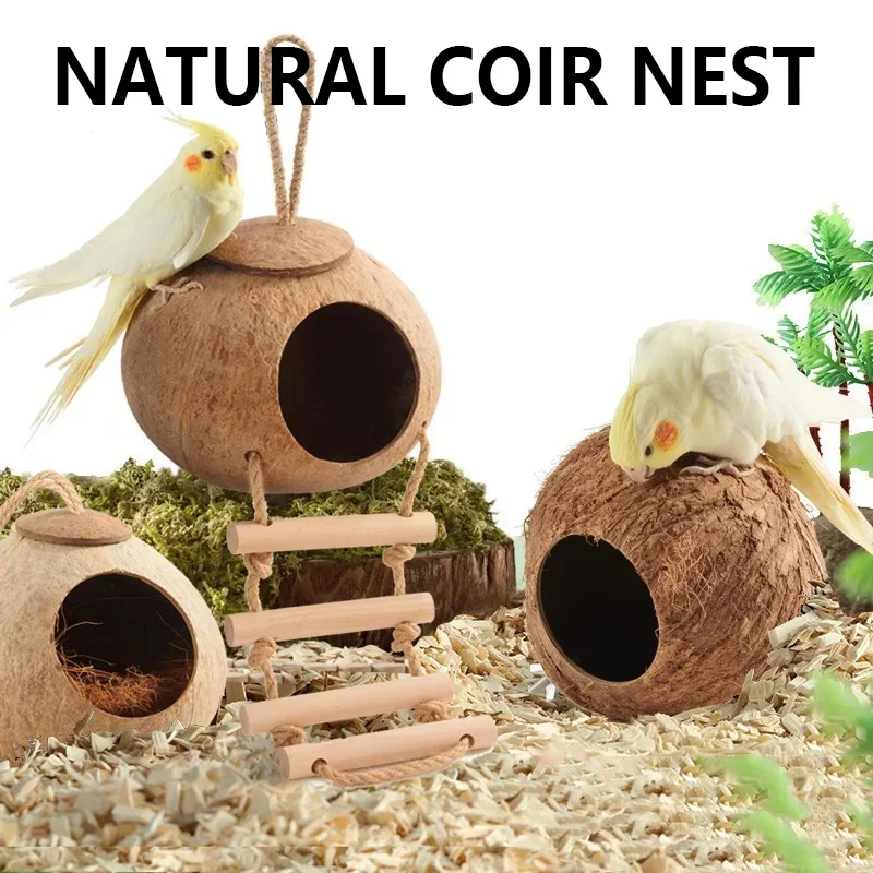 

Nest Natural Coconut Shell Chain Hanging Feeder Cage Bird Finch Cage Parrot Toys Toy with Lanyard Hanging for Parrot Lizard Nest