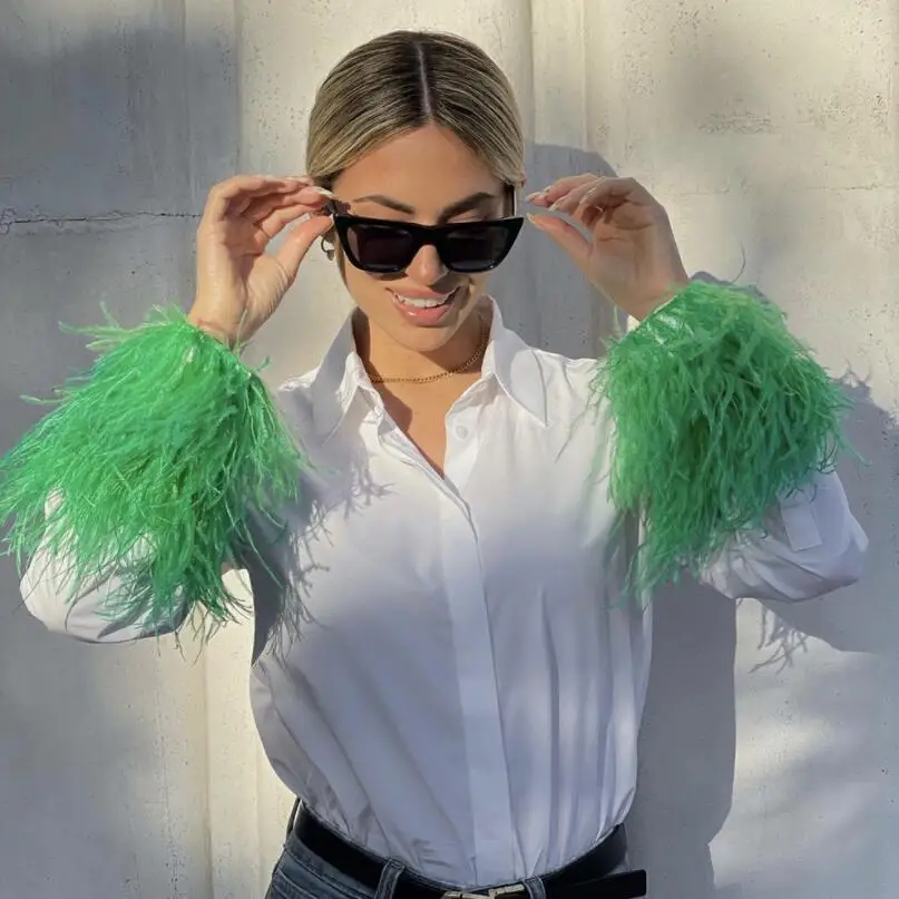 

Elegant White Blouse Shirt Women 2022 Fashion Long Sleeve Removable Feather Female Party Blouses Top Lapel Button Up Shirts w211