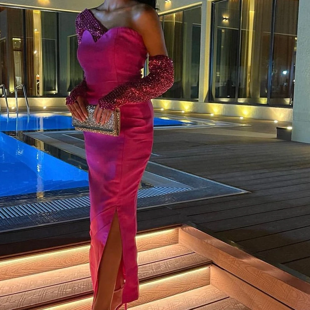 

Customized Straight Satin One Shoulder Detachable Sleeve Sequined Evening Dress Ankle Length Side Slit Photo Color Formal