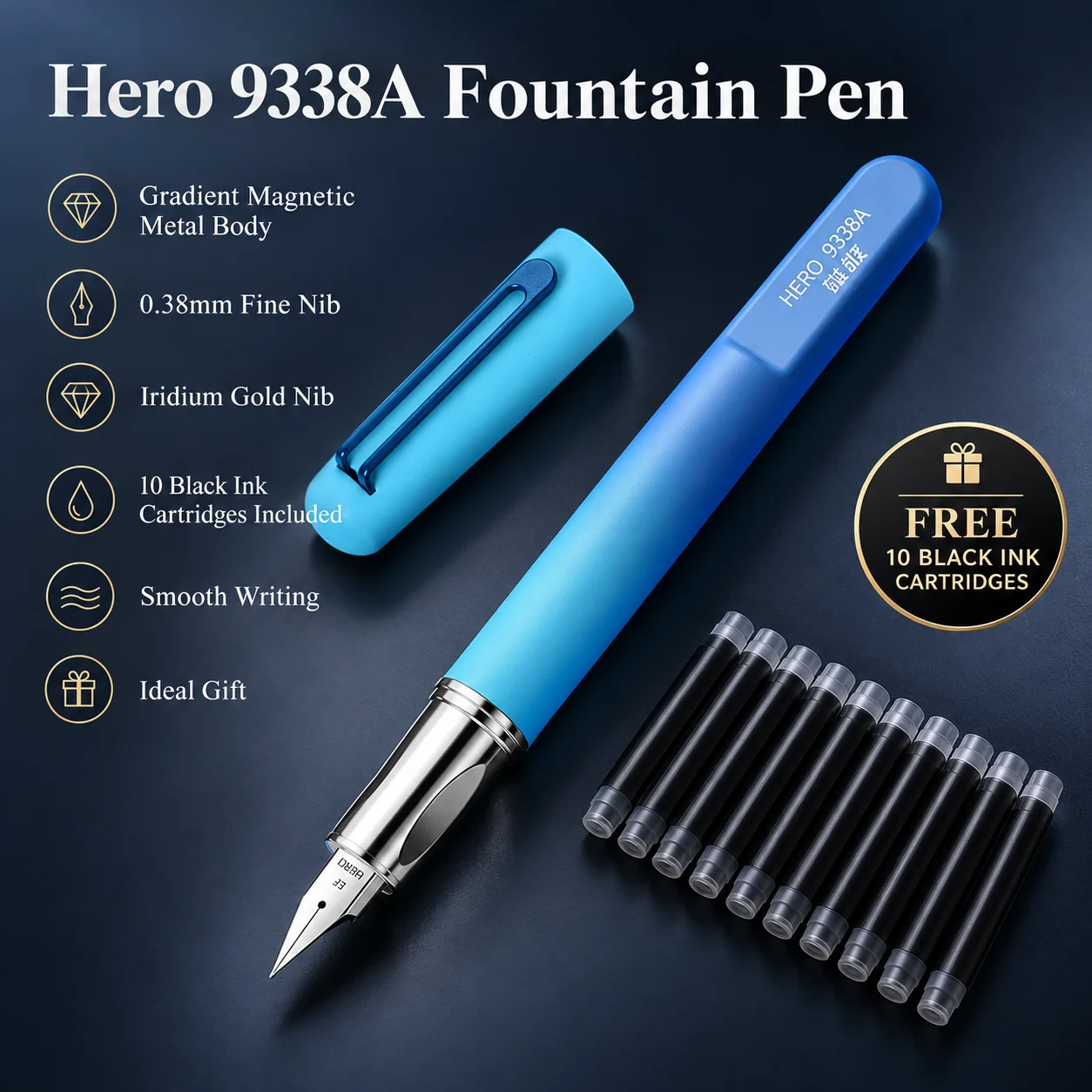 Hero 9338A Gradient Magnetic Metal Fountain Pen 0.38mm Iridium Gold Fine Nib Writing Pen with 10pcs Black Ink Cartridges Gift