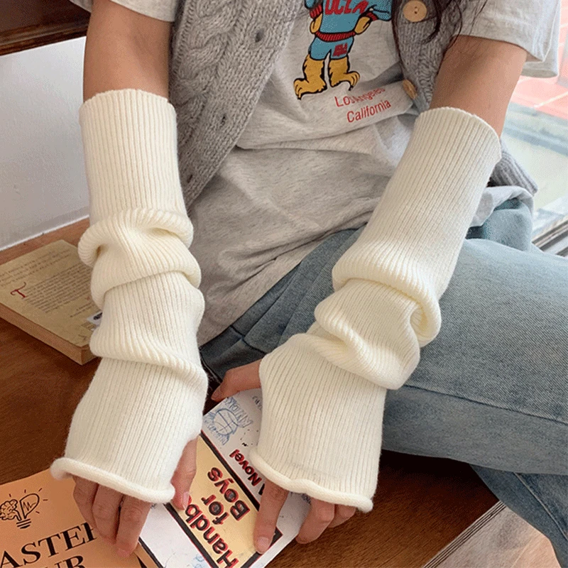 White Y2K Lolita Style Long Fingerless Gloves Women Winter Arm Warmer Knitted Arm Sleeve Casual Soft Girls Punk Gothic Mittens