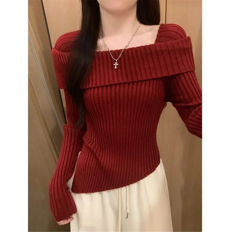 

Fall Winter Women's Knitted ort Crop Irregular Long Sve One oulder Split Base Layering Sweater Faion Ladies' Top