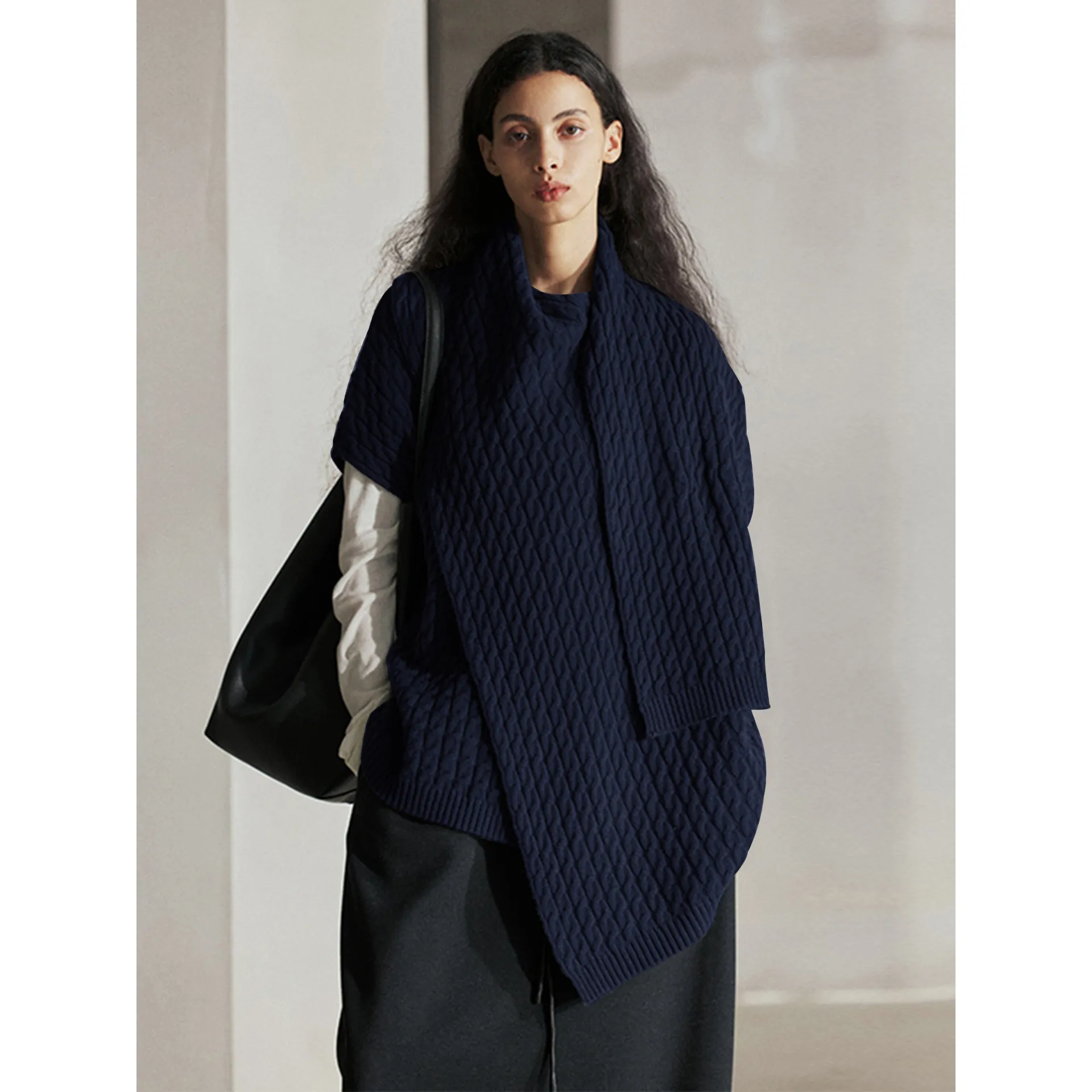Navy blue retro Joker fashionable knitted shawl thick with loose hemp pattern outside.