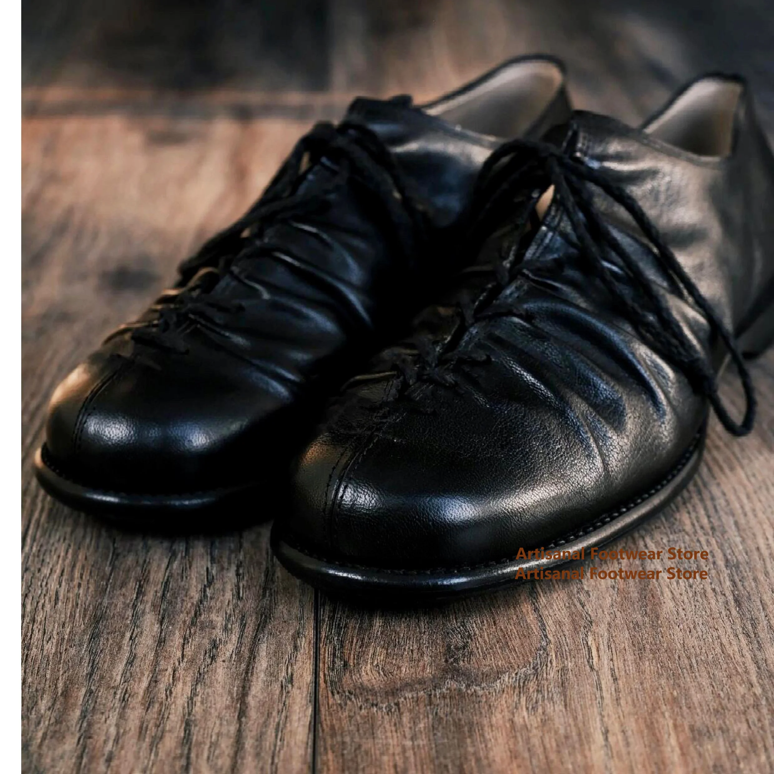 Wrinkled Design Soft Leather Men's Derby Shoes Black Leather Lace Up Shoes Trendy Handmade Men's Shoes Retro Single Shoes