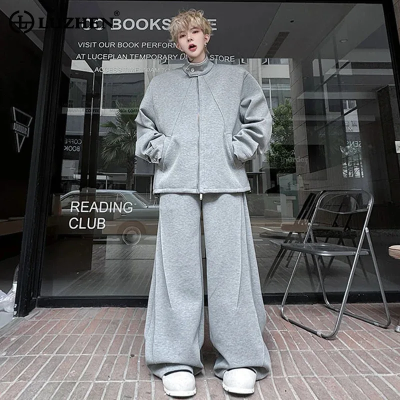 

LUZHEN Handsome Solid Color Two-piece Sets Men 2025 Autumn Original Streetwear Loose Casual Pants Stand Neck Male Jacket JY3809
