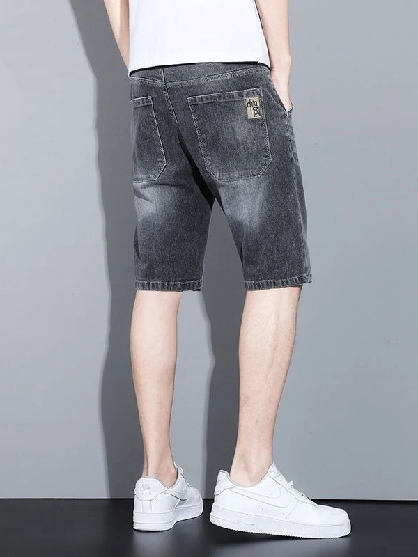 New 2025 Men's Five-Point Jeans Shorts Summer Thin Straight Leg Elastic mid Waist Korean Style Half-Length Casual Wear