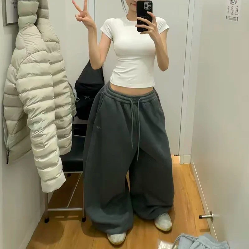 Retro Lazy Style Wide Leg Sweatpants Loose Sporty Floor-Length Trousers Autumn Winter Casual Comfortable Long Pants - view 4