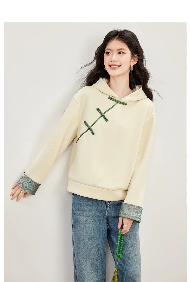 VIMLY New Chinese Style Hooded Sweatshirt Fall Winter Color Contrast Frog Button Fleece Lined Thickened Pullover Ladies A7683