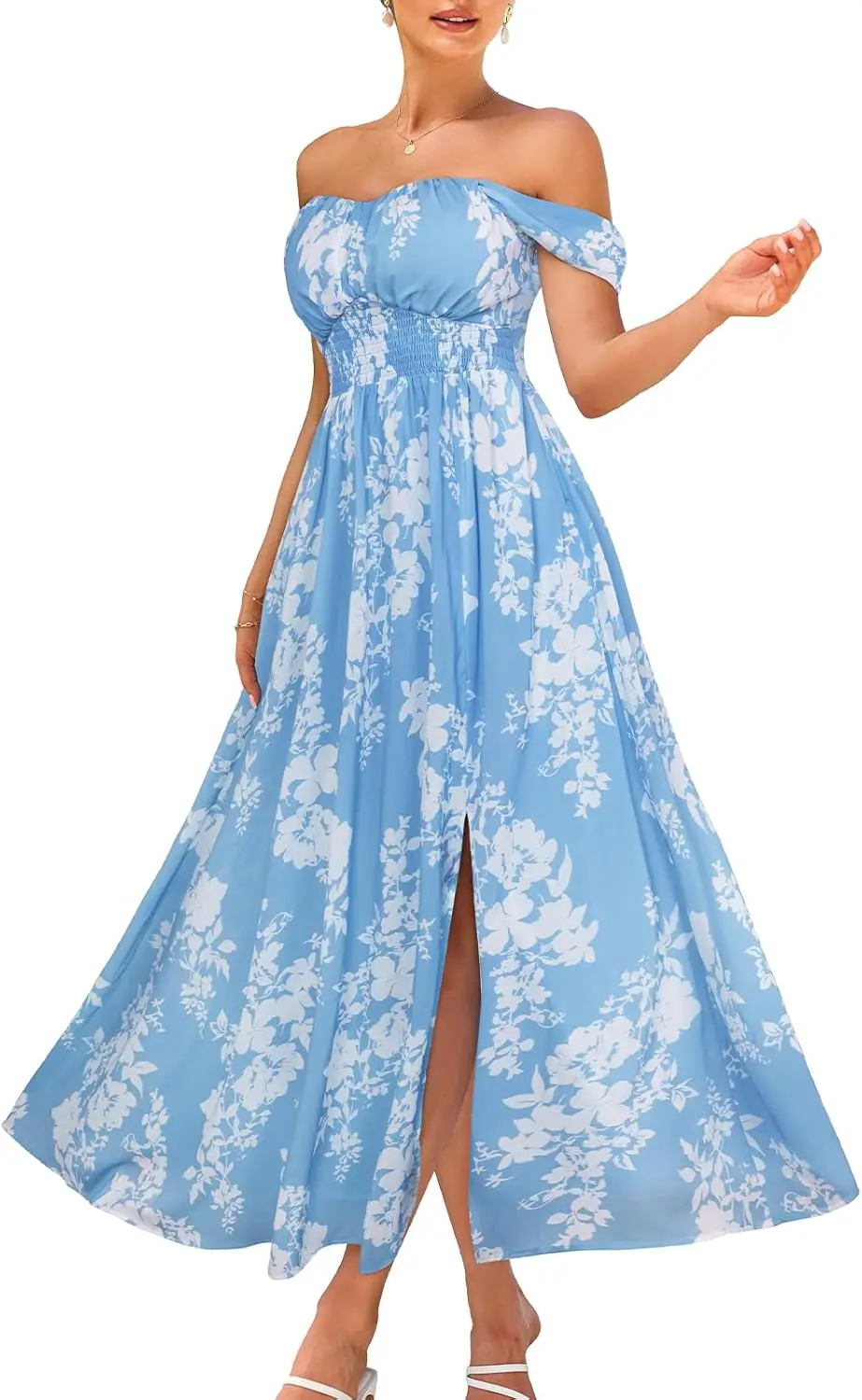 2025 Abito estivo da donna con stampa floreale fluida A Line maxi abito senza maniche con spalle scoperte