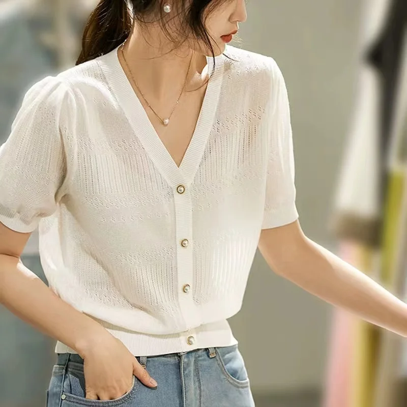 Summer Women Tops Short Sleeve V-Neck Knit Sweater Women Cardigan Blusas Mujer De Moda 2024 Verano Knitted Women Sweater G625