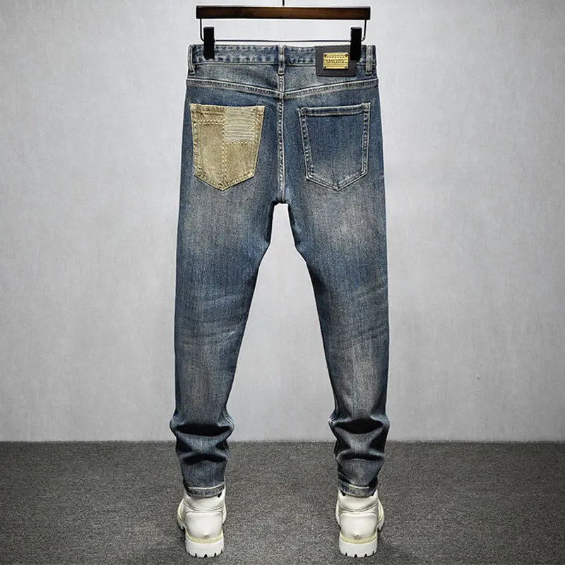 Fashion Streetwear Men Jeans Retro Washed Blue Stretch Slim Fit Ripped Jeans Men Patched Designer Hip Hop Denim Pants Hombre