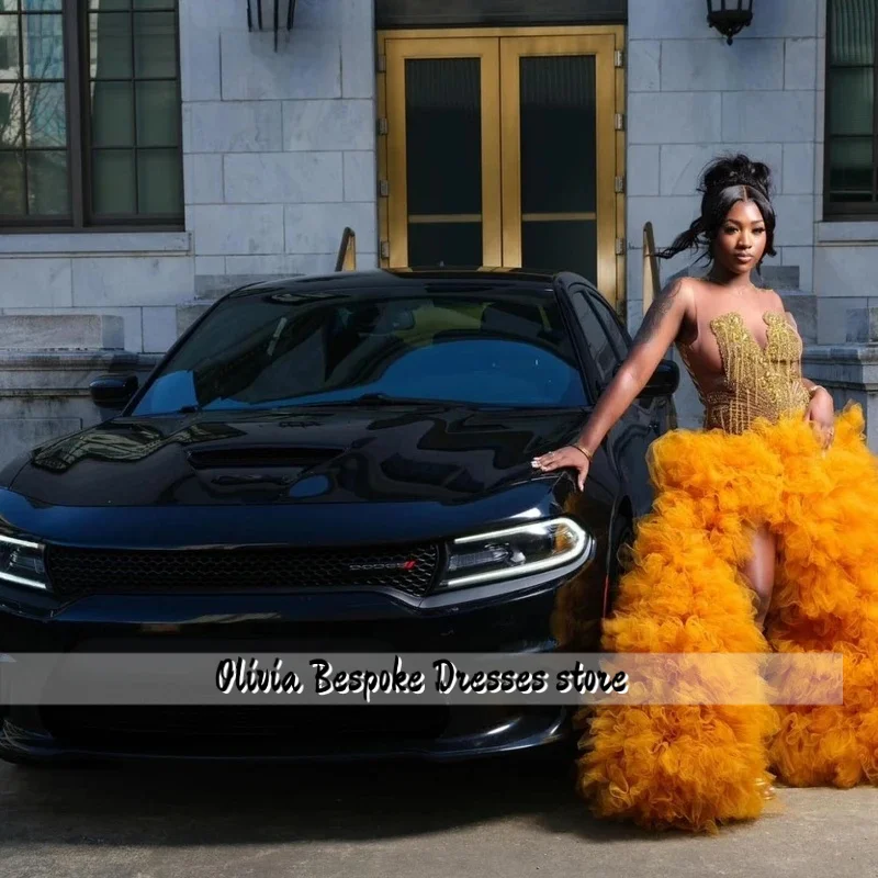 Personalizado aso ebi laranja babados vestido de baile preto meninas cristais dourados miçangas vestido de aniversário formal vestido de festa