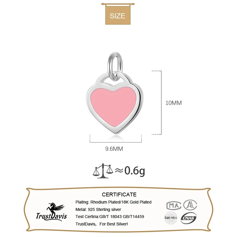 TrustDavis Real 925 Sterling Silver Romantic Glaze Heart Charm Pendant Handmade DIY Necklace Bracelet Accessories Jewelry HY634