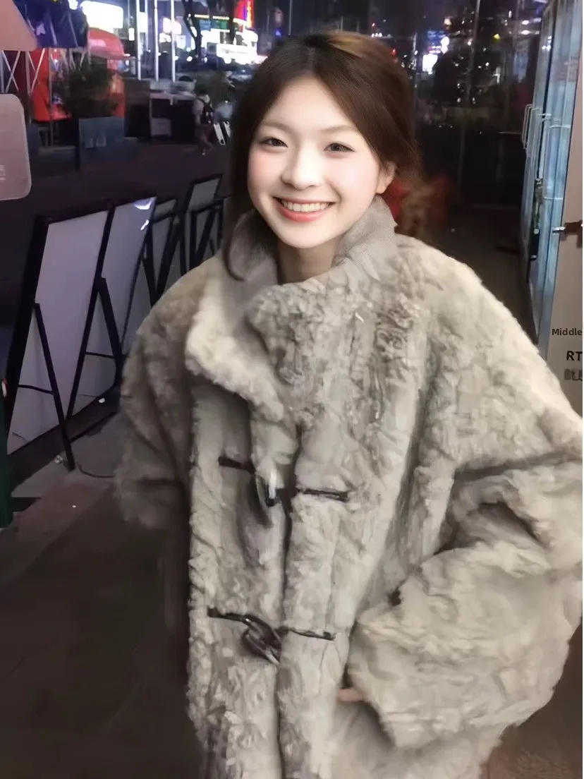 Casaco de pele de cordeiro retrô feminino, ecologicamente correto, quente, inverno, botão, roupa externa, viagem, sle, ajuste solto