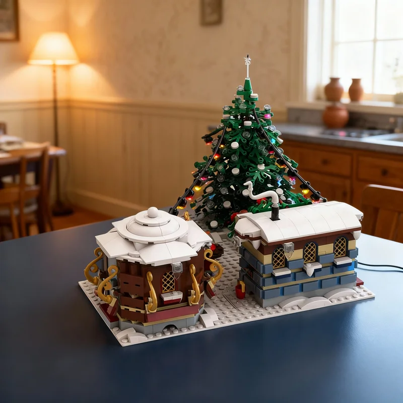1302pcs MOC Winter Village Christmas Market Seasonal Model Building Blocks Shelf Decor, Home Decor Perfect Gift Choice For Boys