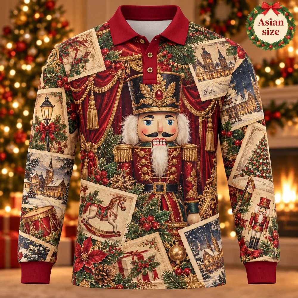 New Nutcracker Parade Long Sleeve Polo Shirt for Men 3D Print Polyester Holiday Graphic Festive Casual Winter Fashion Outfit