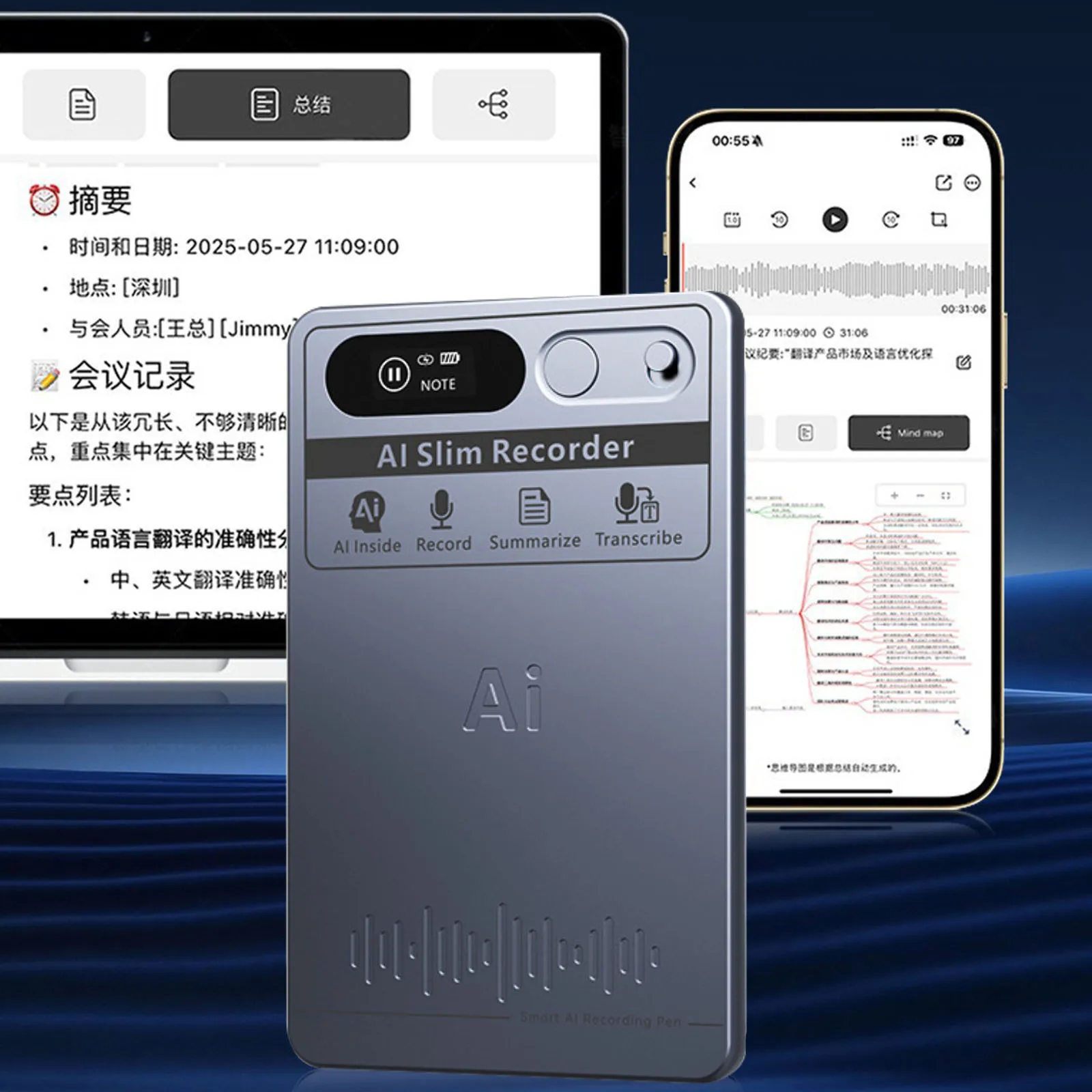 AI Voice Recorder with Real-Time Transcription & Translation Dictaphone App Control Audio Recording Device for Lectures Meetings