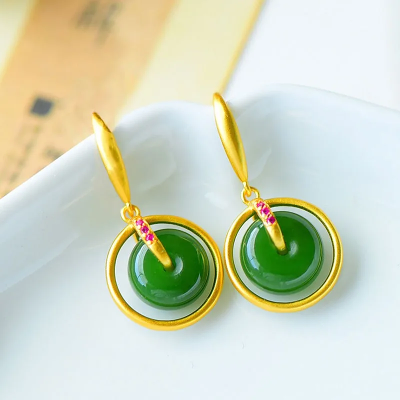 Autumn New Style Ancient Gold Craftsmanship Inlaid Hetian Jade Earrings for Women Elegant and Delicate Ladies Silver Jewelry