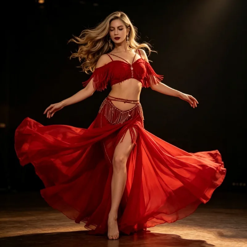 BellyDance Costume for Women's Sexy Off Shoulder Top+Tassel Chiffon Long Skirt 2pcs Oriental Dance Professional Training Suit