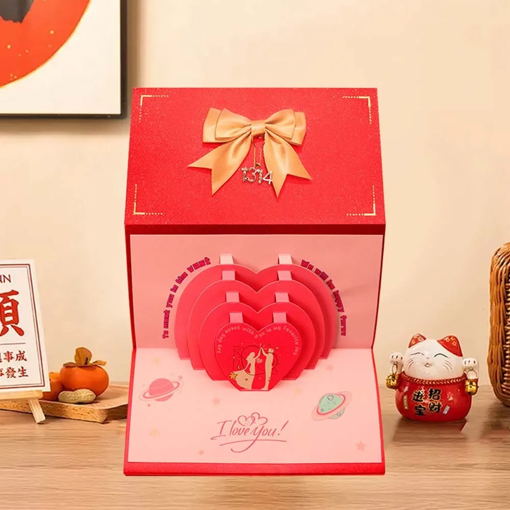 

6/10 Slots Birthday Red Envelope Wish Lucky 3D Folding Cake Greeting Card with Bowknot Paper Cash Gift Bag Spring Festival
